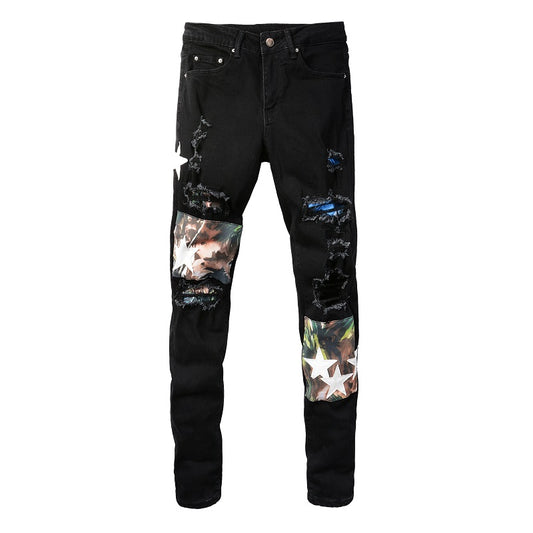 Men's Stretchable Slim Black Star-Patched Jeans