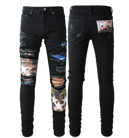 Men's Stretchable Slim Black Star-Patched Jeans